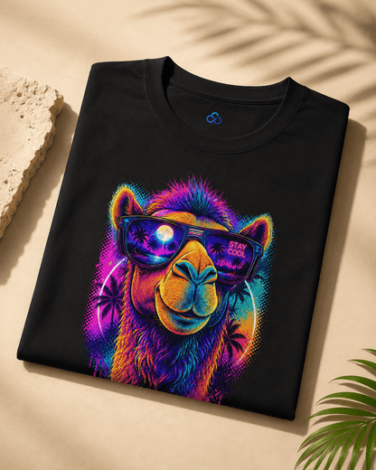 Black crew-neck T-shirt folded with colorful alpaca sunglasses graphic