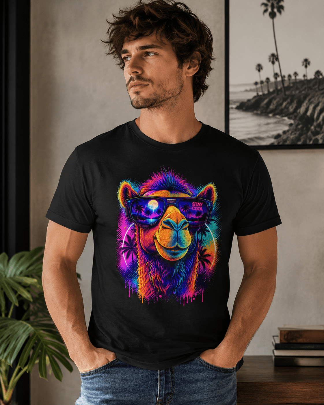 Black crewneck t-shirt with centered colorful camel sunglasses graphic, side view