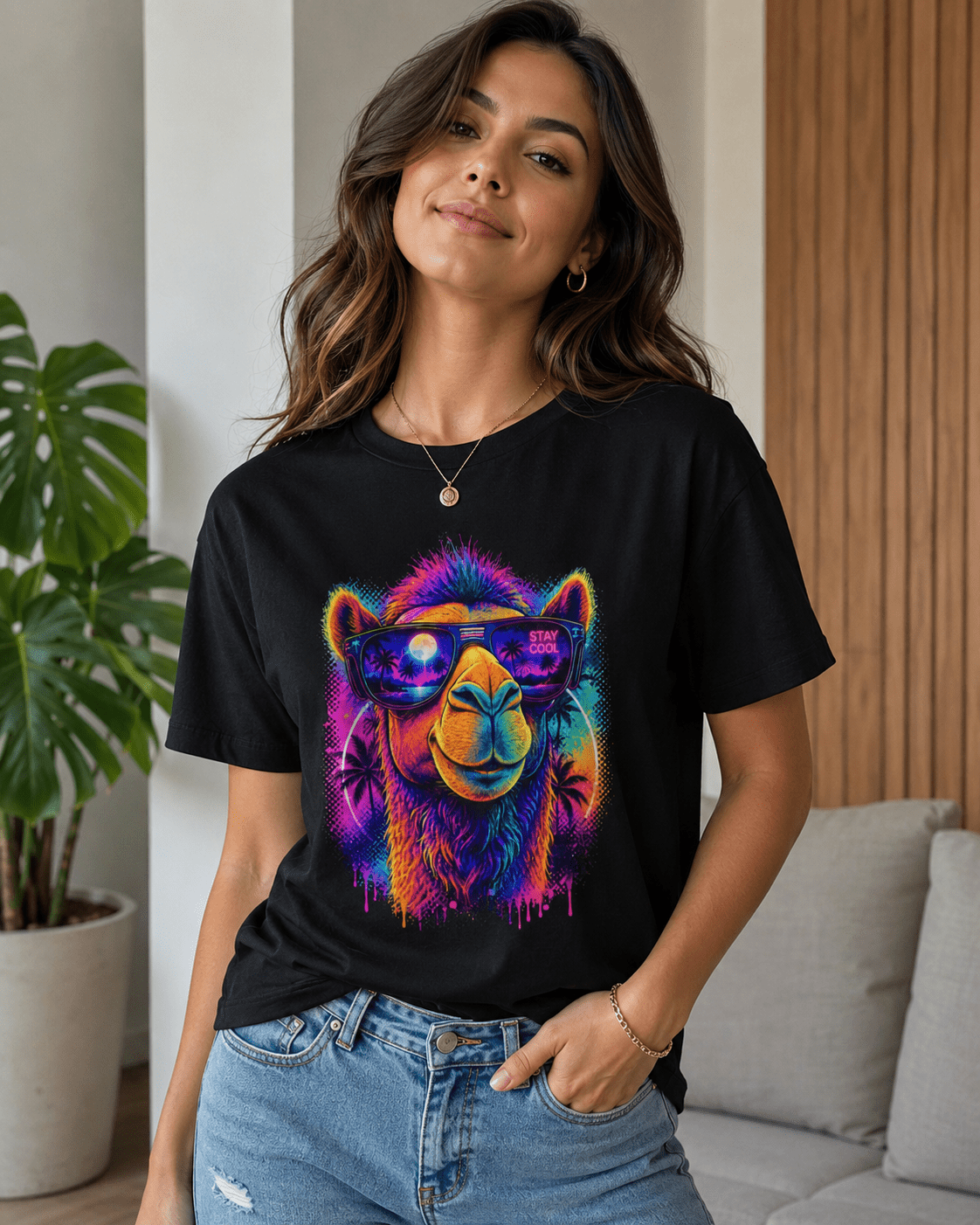 Black crewneck t-shirt with colorful camel wearing sunglasses front print