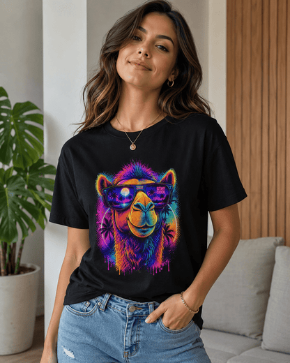 Black crewneck t-shirt with colorful camel wearing sunglasses front print