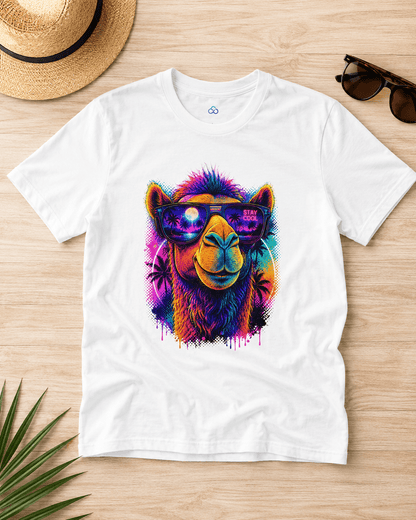 White crew-neck T-shirt with colorful alpaca wearing sunglasses graphic on chest