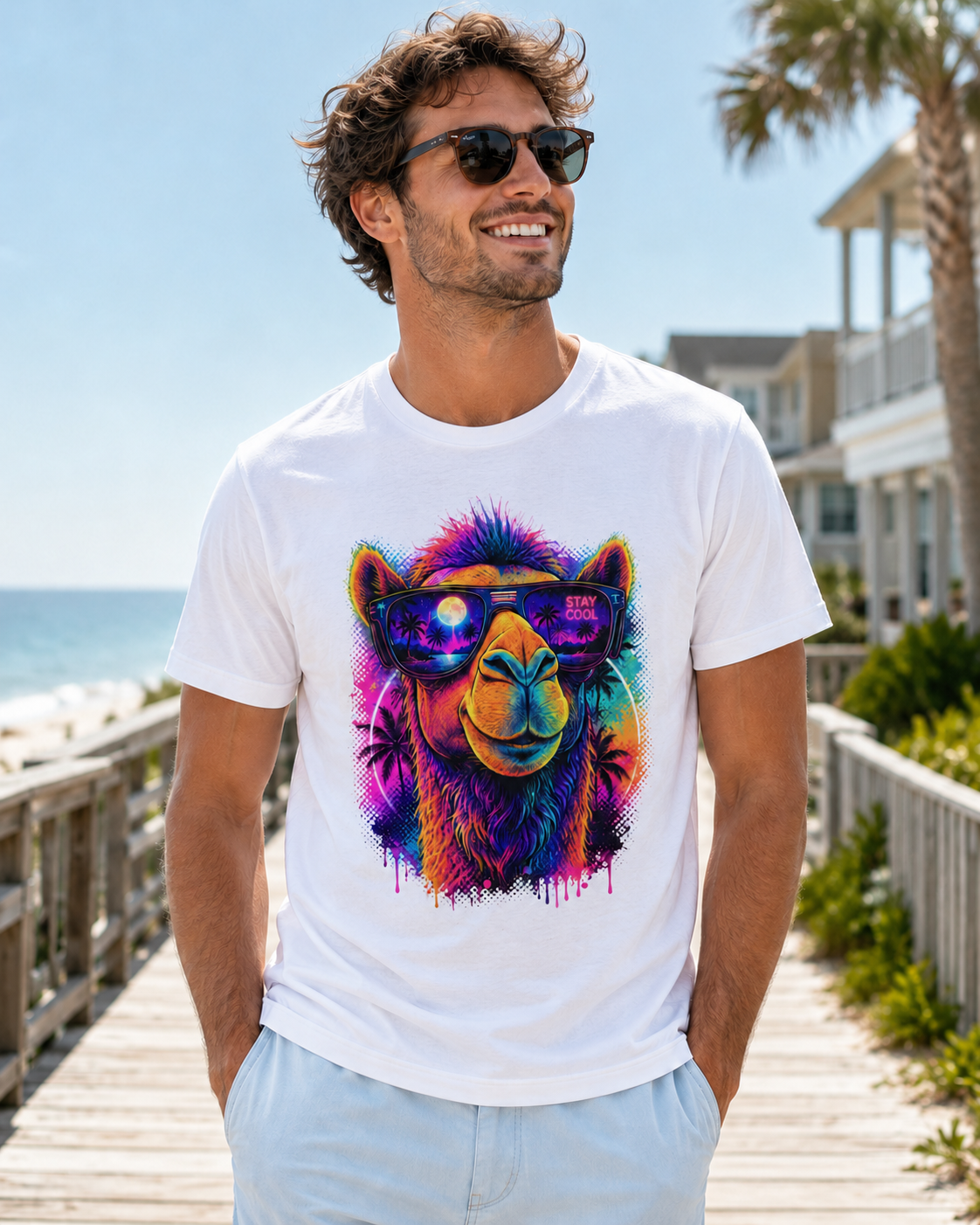 White crew-neck T-shirt worn by man with colorful alpaca sunglasses graphic