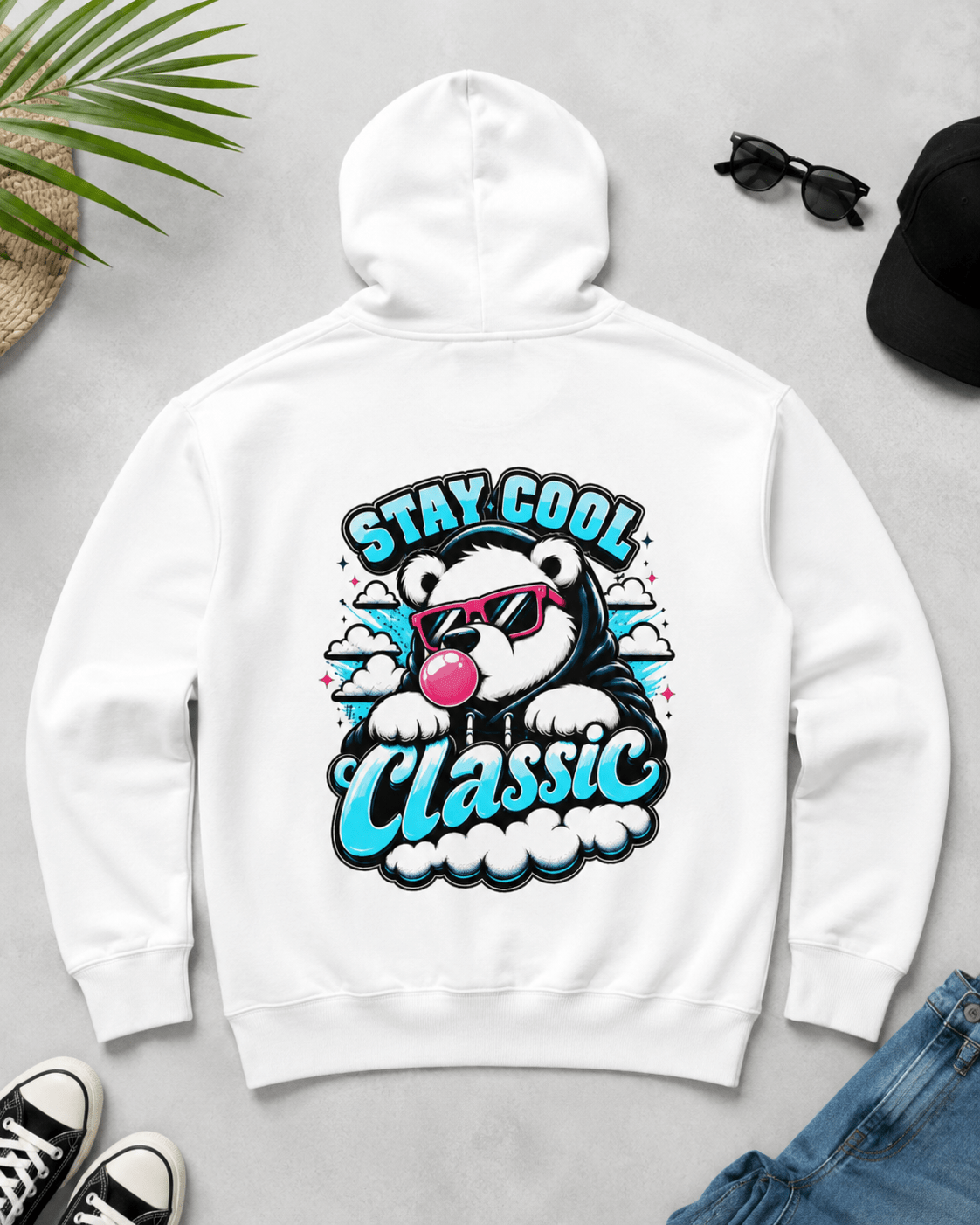 White hoodie with bear graphic and 'Stay Cool Classic' text on back