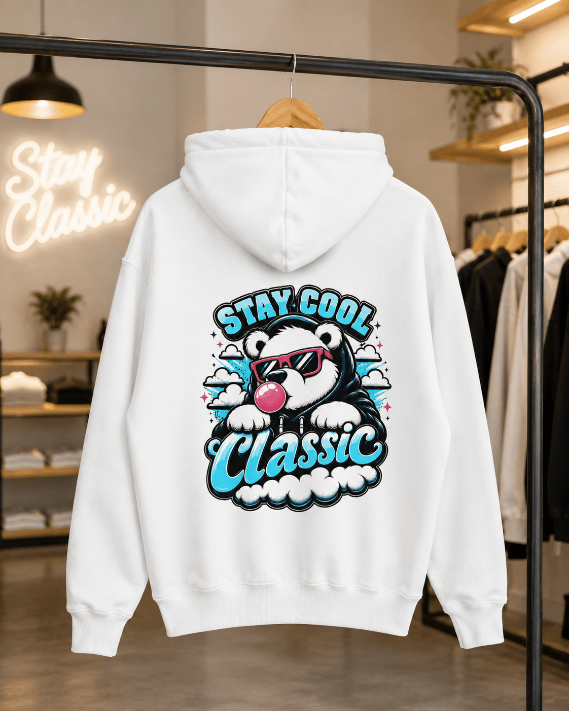 White hoodie on hanger with bear graphic and 'Stay Cool Classic' text on back