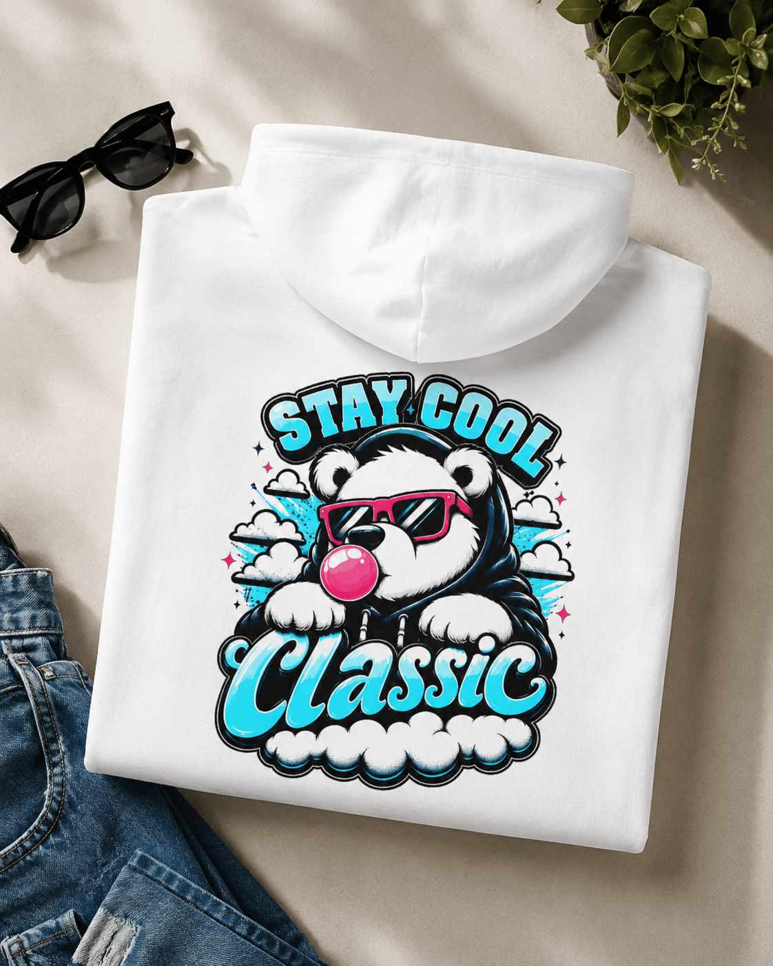 White hoodie folded, showing bear graphic and 'Stay Cool Classic' text on back