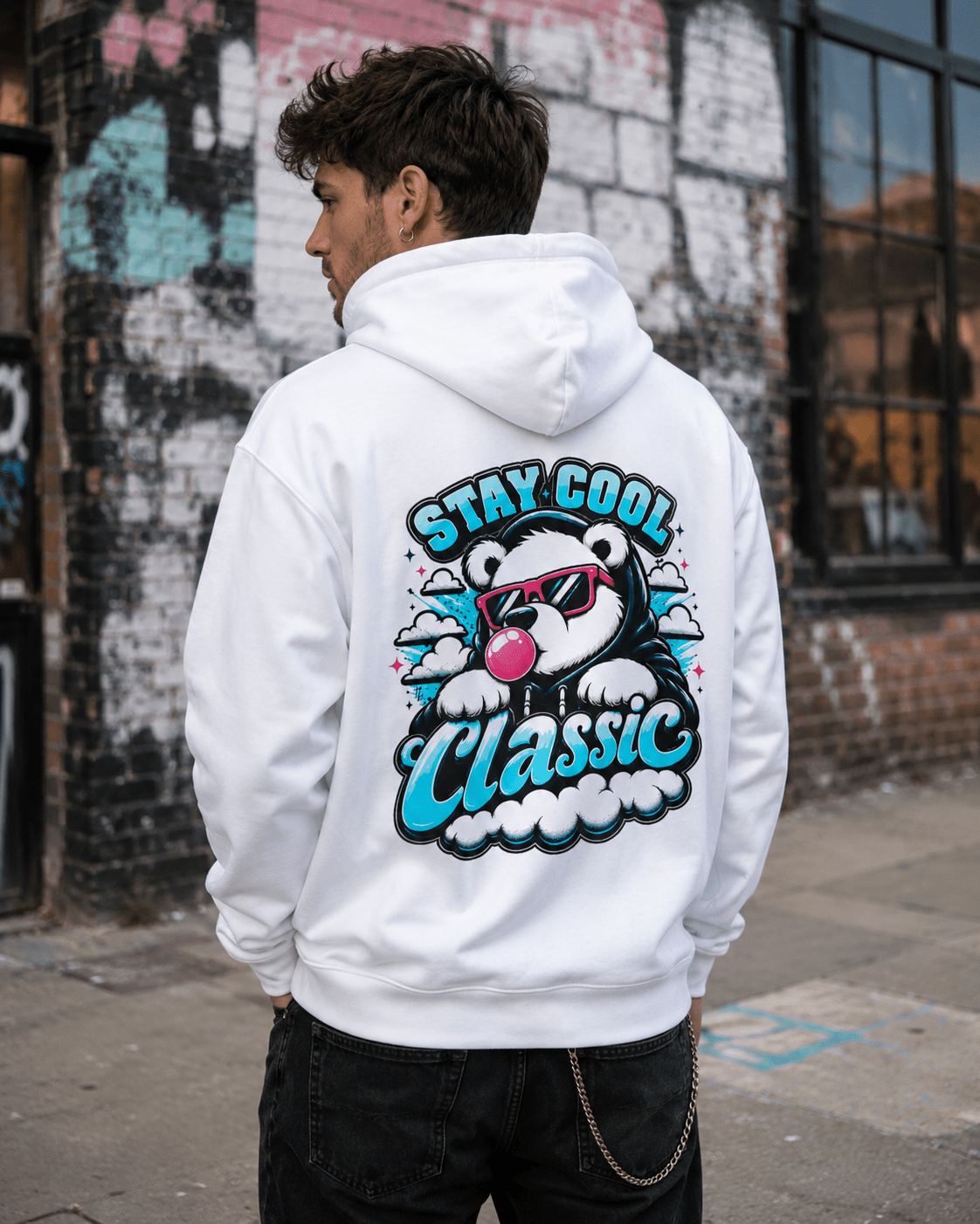 White hoodie with bear graphic and 'Stay Cool Classic' text on back, side view