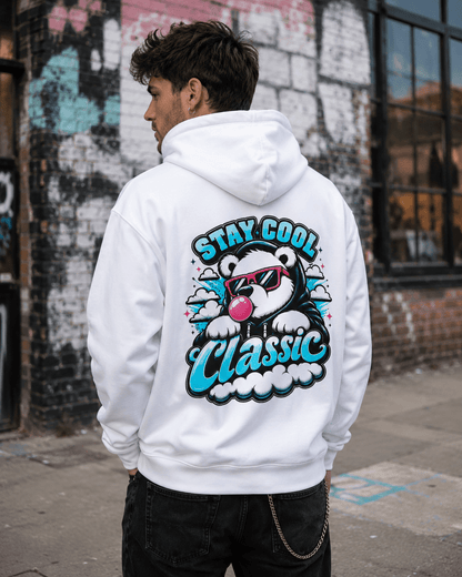 White hoodie with bear graphic and 'Stay Cool Classic' text on back, side view