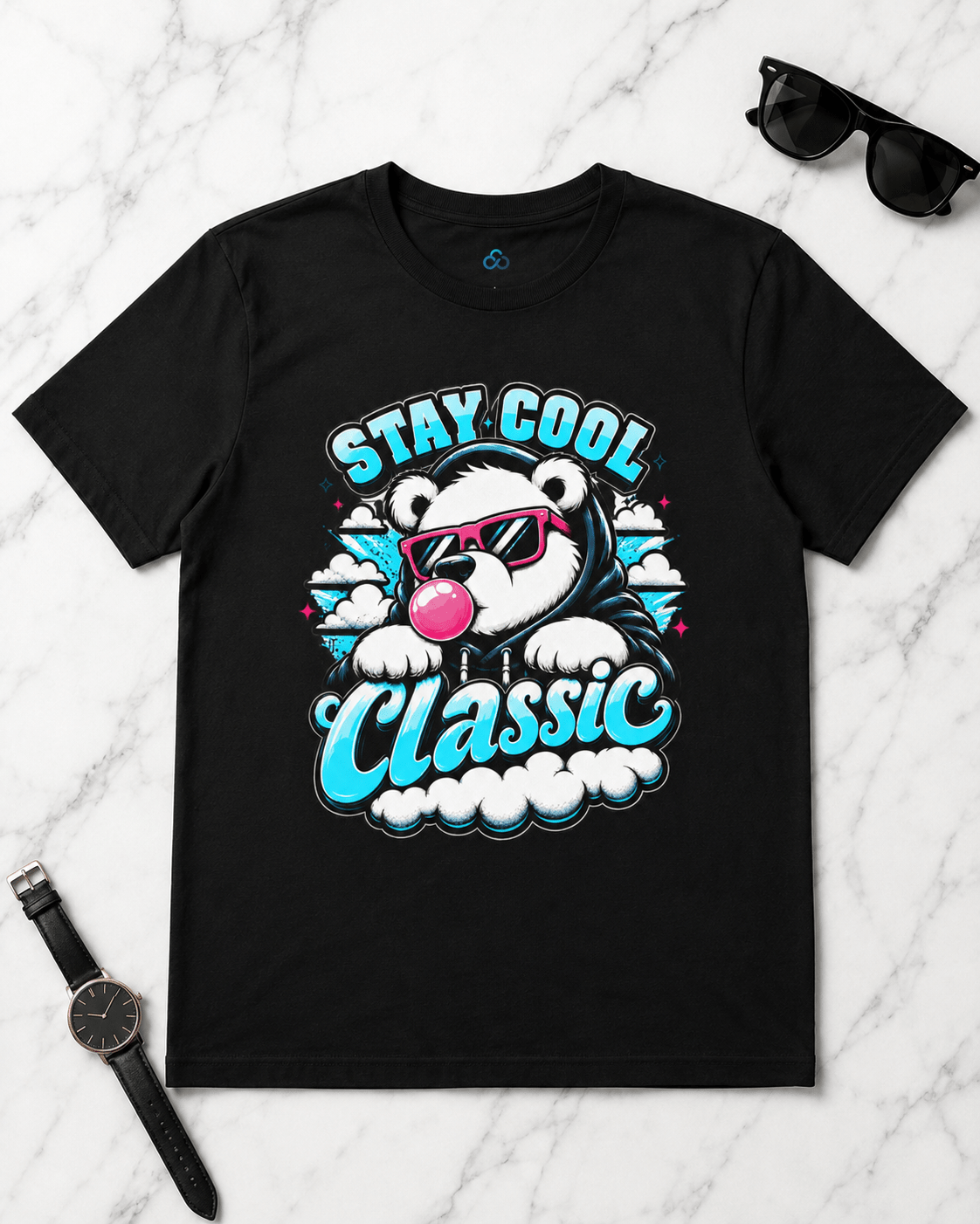 Black crewneck T-shirt lying flat with bear graphic and 'Stay Cool Classic' print