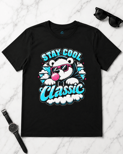 Black crewneck T-shirt lying flat with bear graphic and 'Stay Cool Classic' print