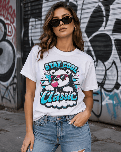 White crew-neck short-sleeve T-shirt with bear graphic 'Stay Cool Classic' worn on model