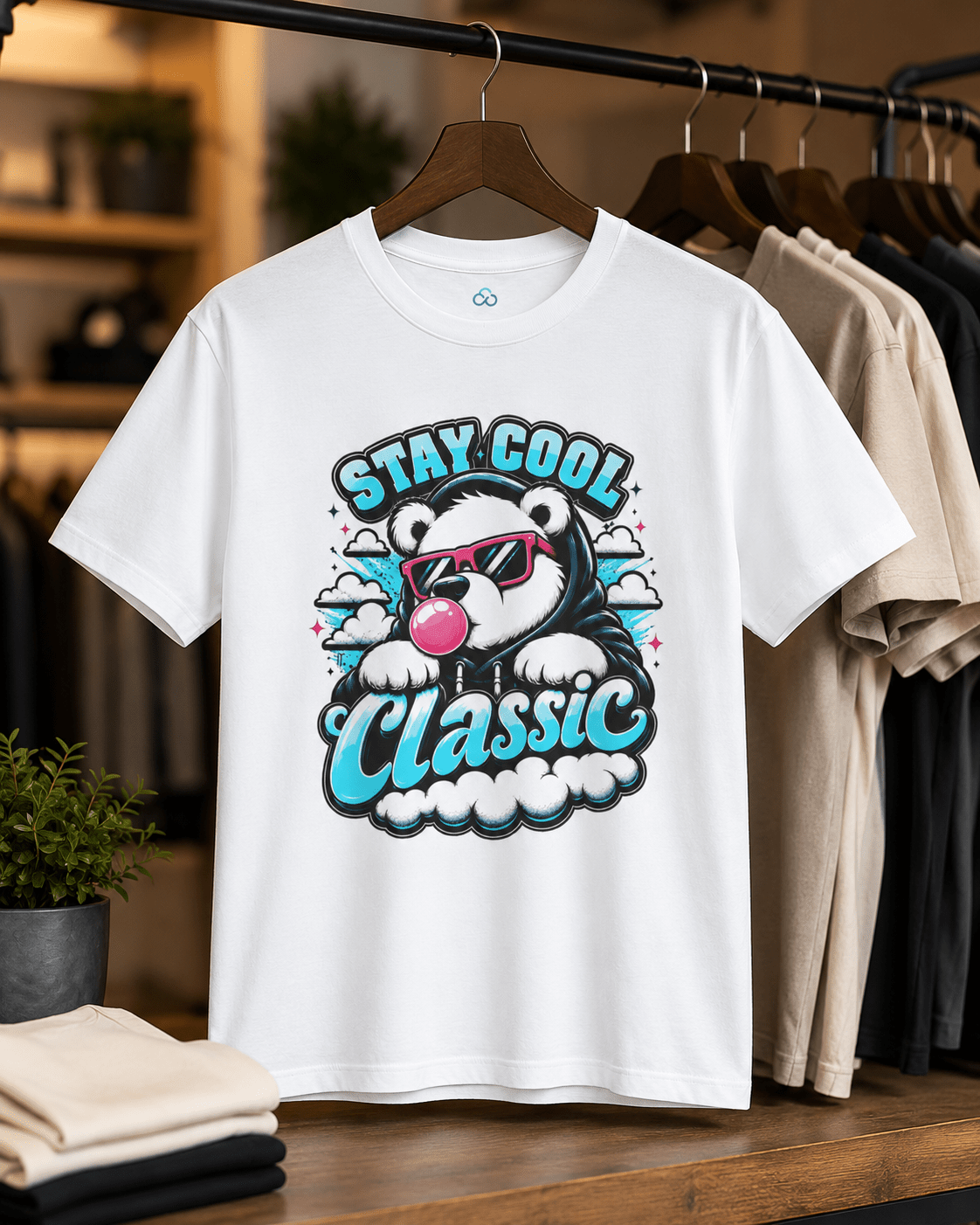 White crew-neck T-shirt with bear graphic 'Stay Cool Classic' hanging on a rack