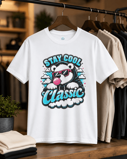 White crew-neck T-shirt with bear graphic 'Stay Cool Classic' hanging on a rack