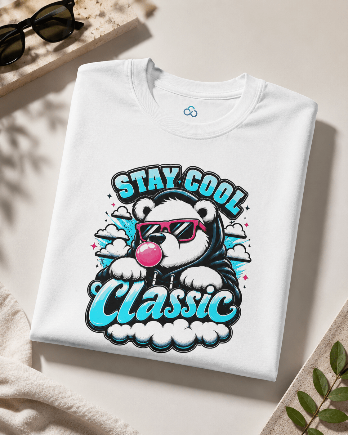 White crew-neck T-shirt with bear graphic 'Stay Cool Classic' and small neck icon