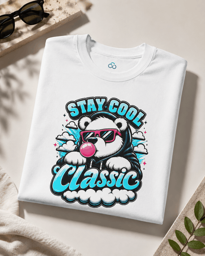 White crew-neck T-shirt with bear graphic 'Stay Cool Classic' and small neck icon