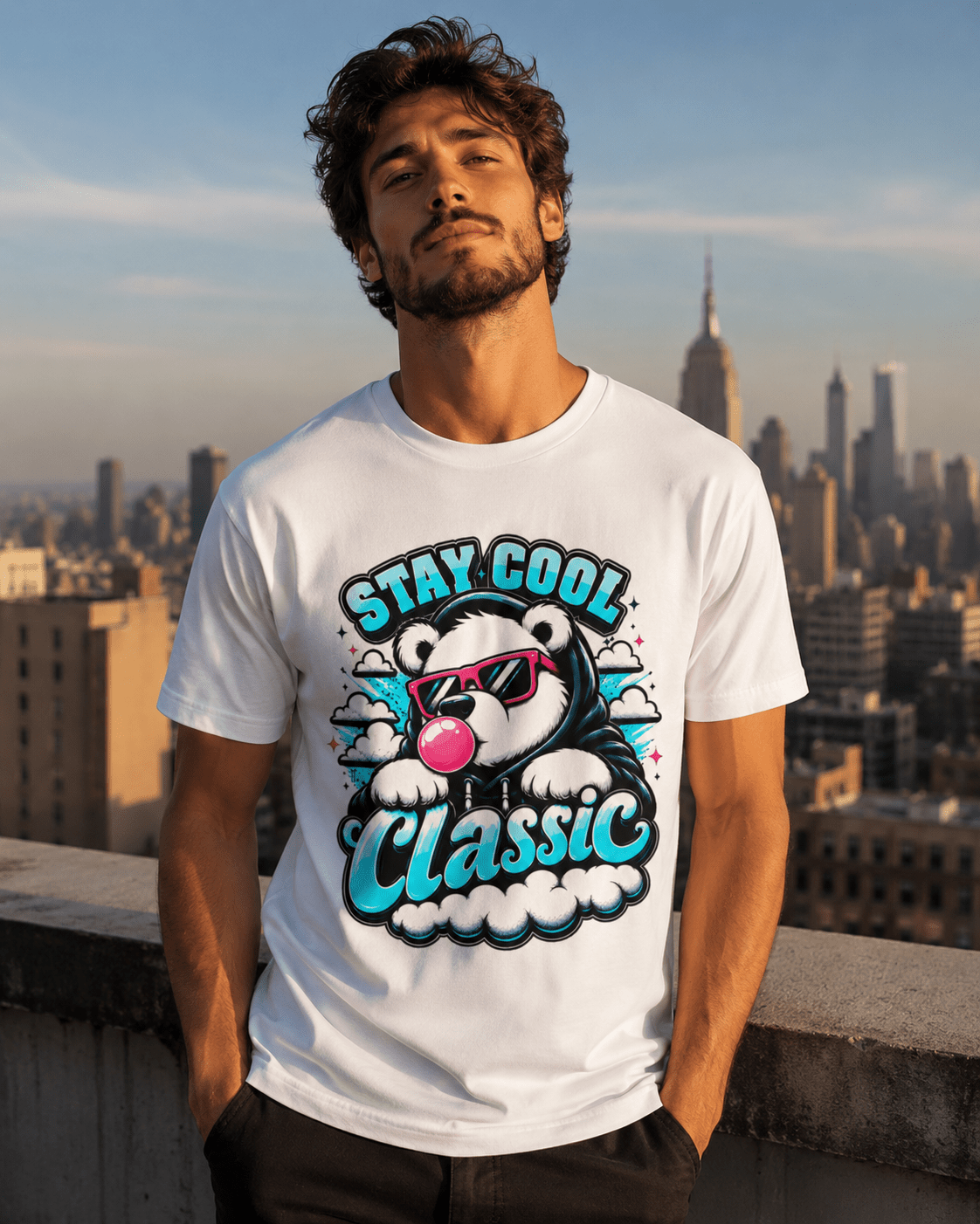 White crew-neck short-sleeve T-shirt with bear graphic and 'Stay Cool Classic' print
