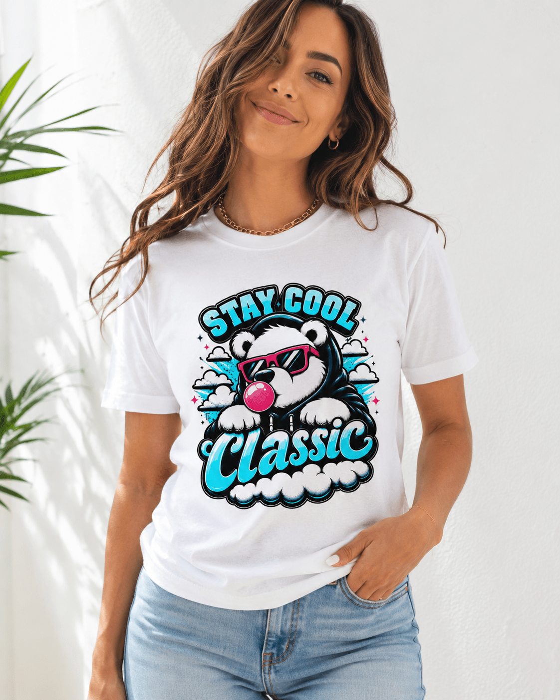White crew-neck short-sleeve T-shirt with bear graphic 'Stay Cool Classic' on model