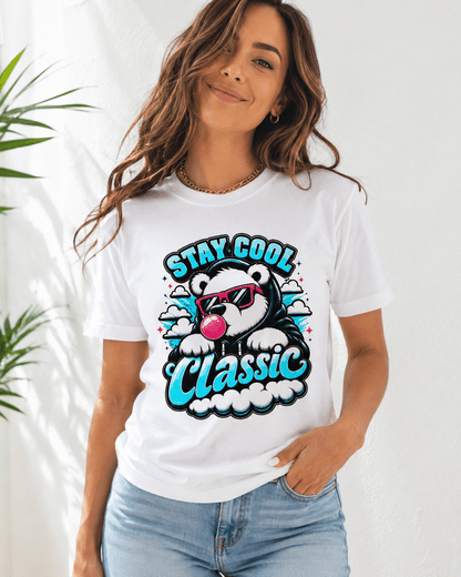 White crew-neck short-sleeve T-shirt with bear graphic 'Stay Cool Classic' on model