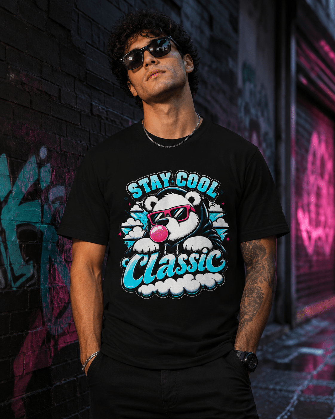 Black crew-neck short-sleeve T-shirt with bear graphic 'Stay Cool Classic' worn on model