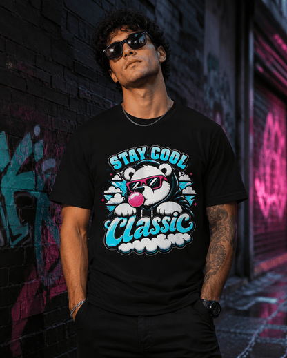 Black crew-neck short-sleeve T-shirt with bear graphic 'Stay Cool Classic' worn on model
