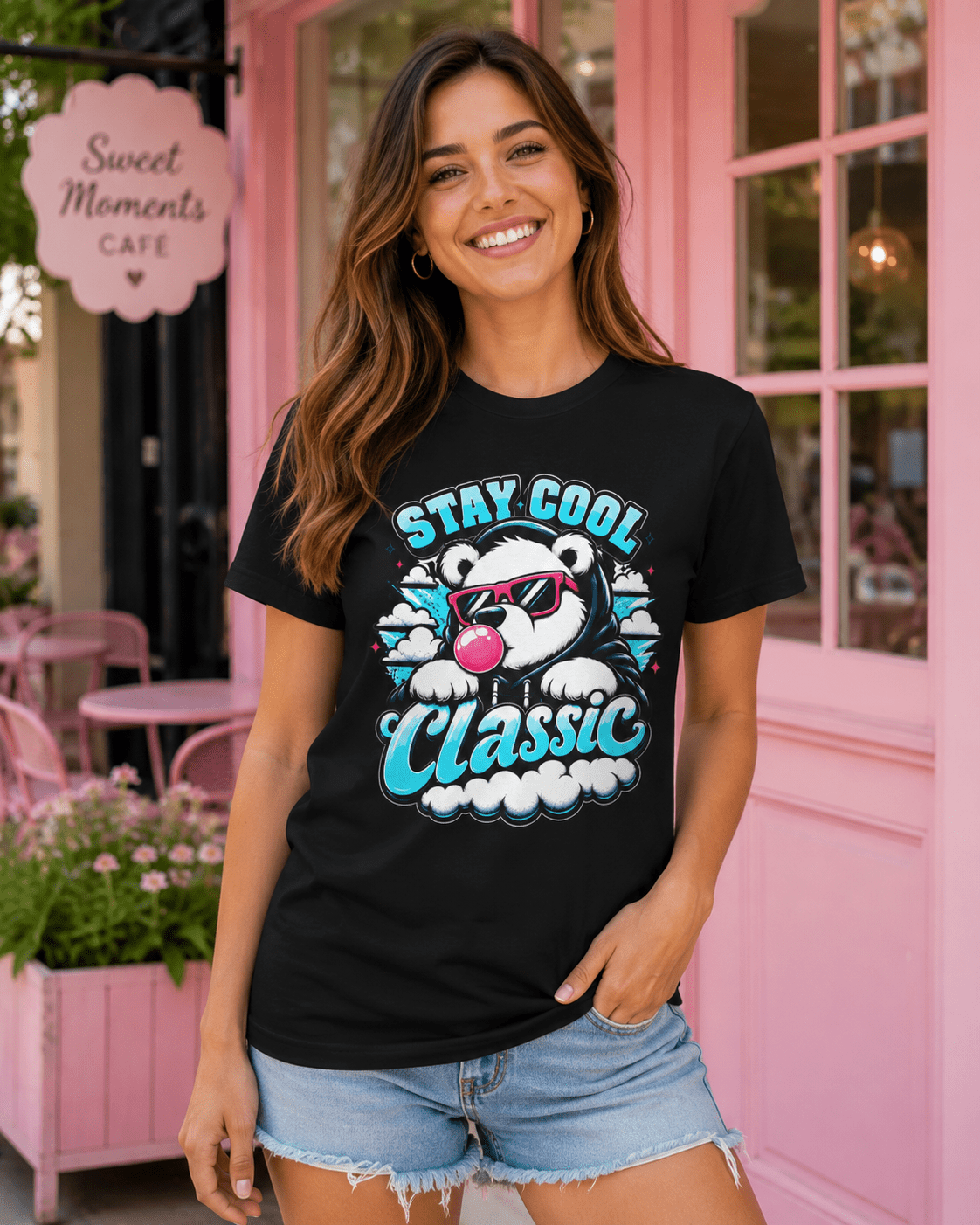 Black crew-neck short-sleeve T-shirt with bear graphic and 'Stay Cool Classic' print