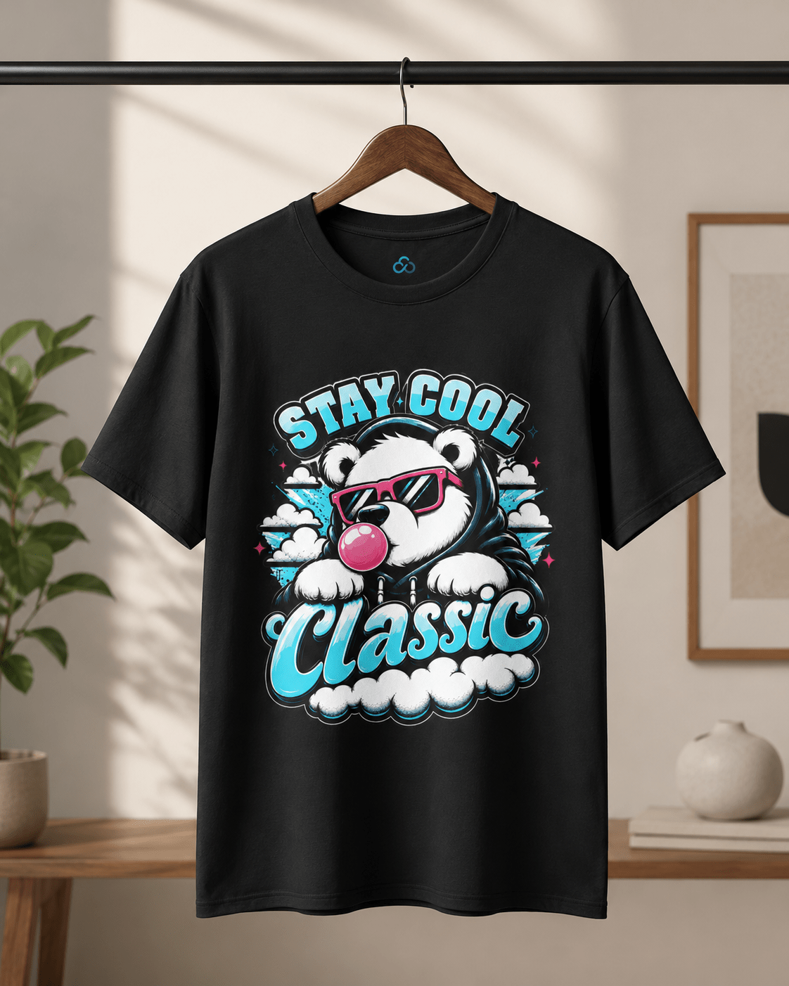 Black crewneck T-shirt with bear graphic and 'Stay Cool Classic' print on front
