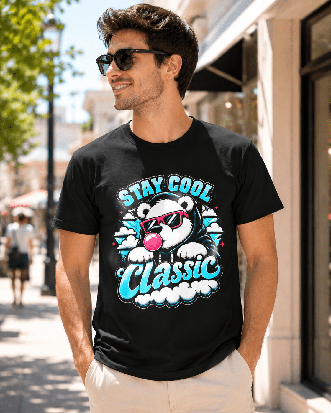 Black crew-neck short-sleeve T-shirt with bear graphic and 'Stay Cool Classic' text