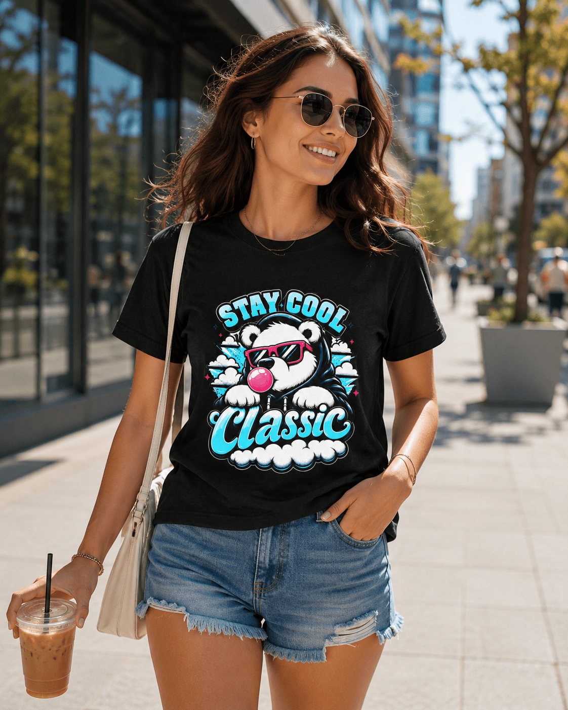 Black T-shirt with colorful bear graphic and 'Stay Cool Classic' text on front