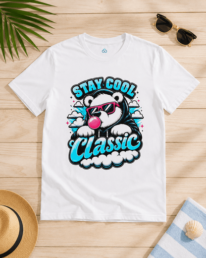 White crew-neck short-sleeve T-shirt with bear graphic and 'Stay Cool Classic' print