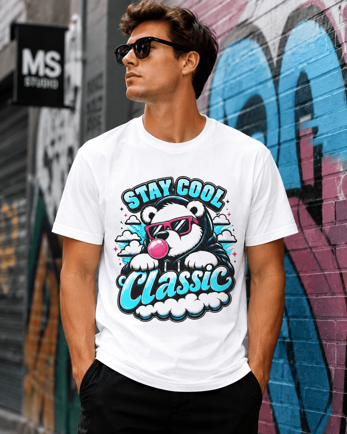 White crew-neck short-sleeve T-shirt with bear graphic 'Stay Cool Classic' front view
