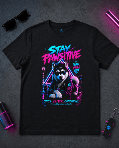Black crew-neck T-shirt with neon Husky graphic and colorful “Stay Pawsitive” print