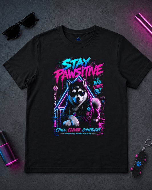Black crew-neck T-shirt with neon Husky graphic and colorful “Stay Pawsitive” print