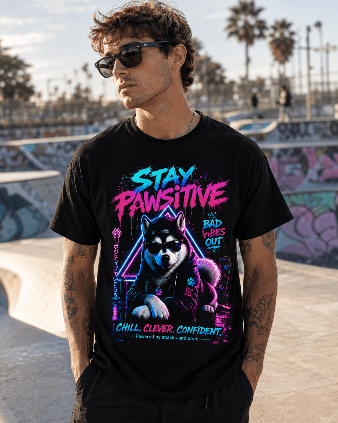 Black crew-neck T-shirt on model, front neon Husky “Stay Pawsitive” graphic