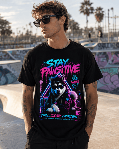 Black crew-neck T-shirt on model, front neon Husky “Stay Pawsitive” graphic