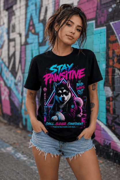 Black crew-neck T-shirt on model, neon Husky “Stay Pawsitive” graphic on the front