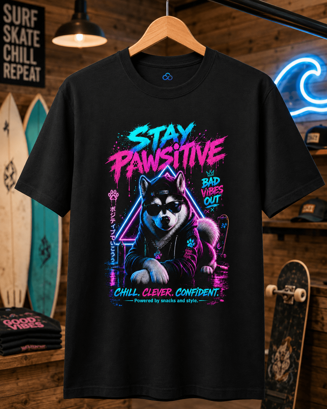 Black crew-neck T-shirt on hanger, neon Husky graphic centered with “Stay Pawsitive” text