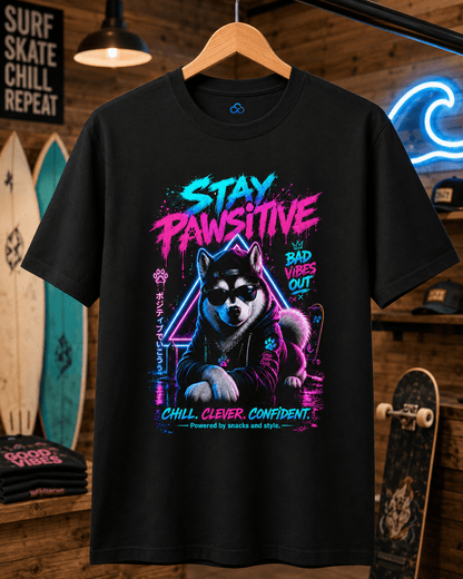 Black crew-neck T-shirt on hanger, neon Husky graphic centered with “Stay Pawsitive” text