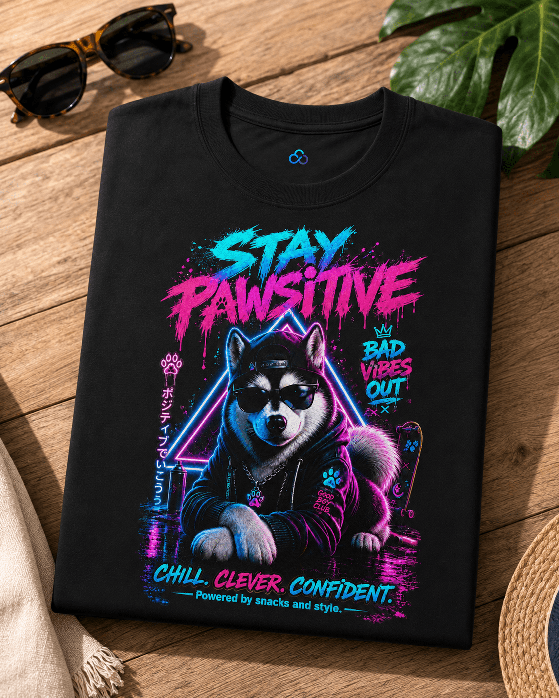 Black crew-neck T-shirt laid flat, neon Husky graphic with bright multicolor text