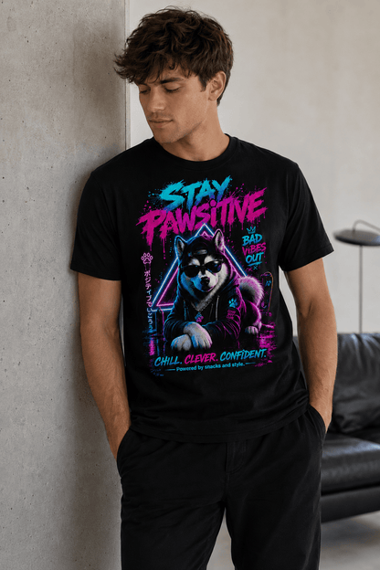 Black crew-neck T-shirt on model, neon Husky “Stay Pawsitive” graphic visible