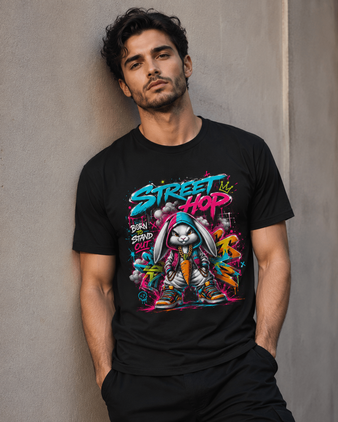 A man wearing a black crewneck t-shirt with a colorful street art graphic featuring a rabbit and the words 'Street Hop' and 'Born in the City', posed against a textured gray concrete wall.