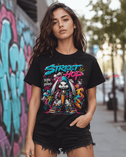 A woman wearing a black graphic t-shirt with a colorful 'Street Hop' bunny design, standing in front of a graffiti-covered wall.