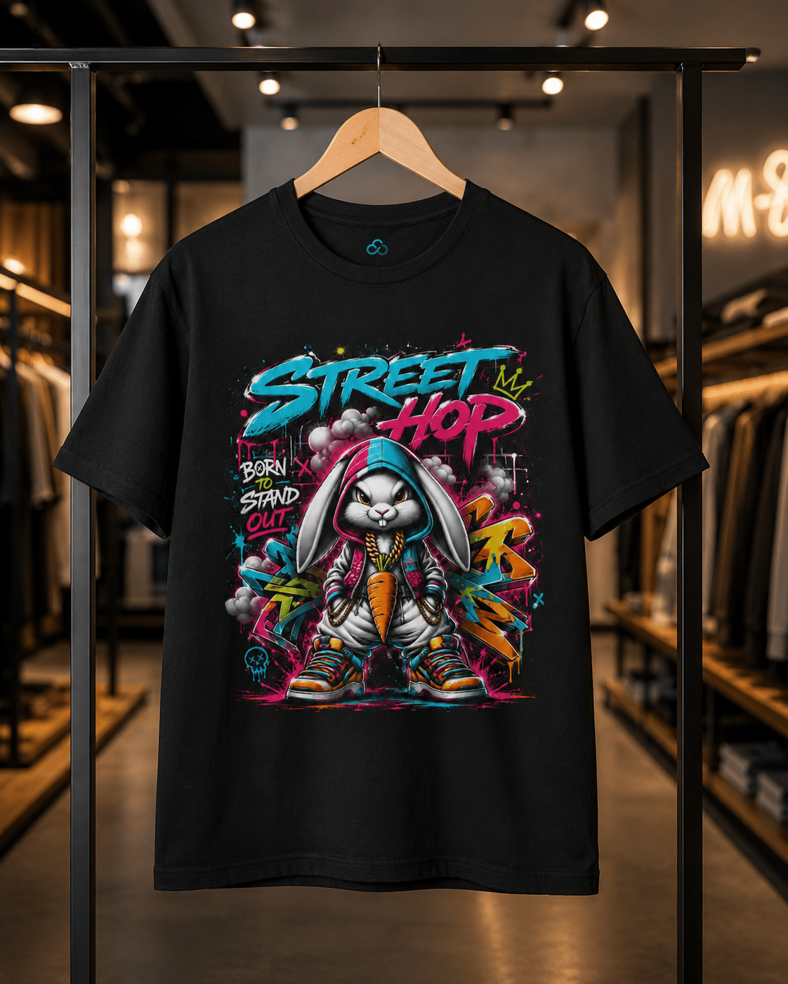 A black short-sleeve graphic T-shirt hanging on a wooden hanger on a clothing rack inside a retail store. The shirt features a colorful street art design of a cartoon rabbit wearing a hoodie and sneakers, with graffiti-style text reading 'Street Hop' and 'Born Stand'.