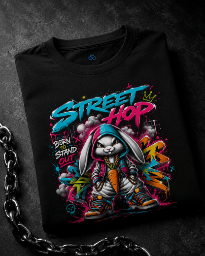 A black folded graphic T-shirt displayed on a dark textured surface with a chain prop. The shirt features a colorful street-art style print of a cartoon rabbit wearing a hoodie and sneakers, with graffiti-style text reading 'Street Hop' and 'Born to Stand Out'.