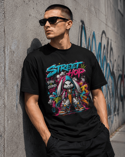 A man wearing a black graphic t-shirt with a colorful 'Street Hop' bunny design, standing against a concrete wall with graffiti.