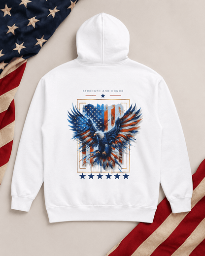 White hoodie with eagle and stars graphic on back, hood up and front pouch pocket