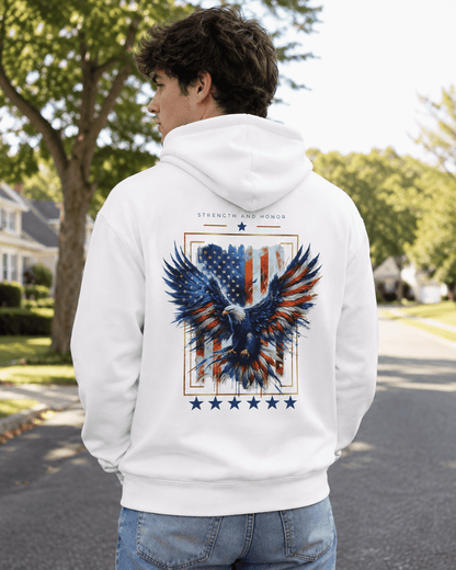 White hoodie worn outdoors, back eagle and stars graphic centered over the shoulders