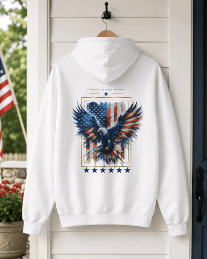 White hoodie hanging, centered back eagle and stars graphic with star row at bottom