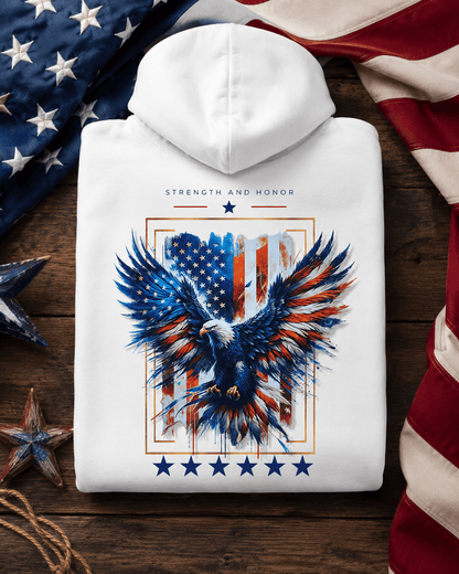 White hoodie folded, eagle and stars graphic centered on the back with hood on top