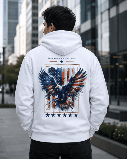 White hoodie worn by man, back eagle and stars print centered with star row below