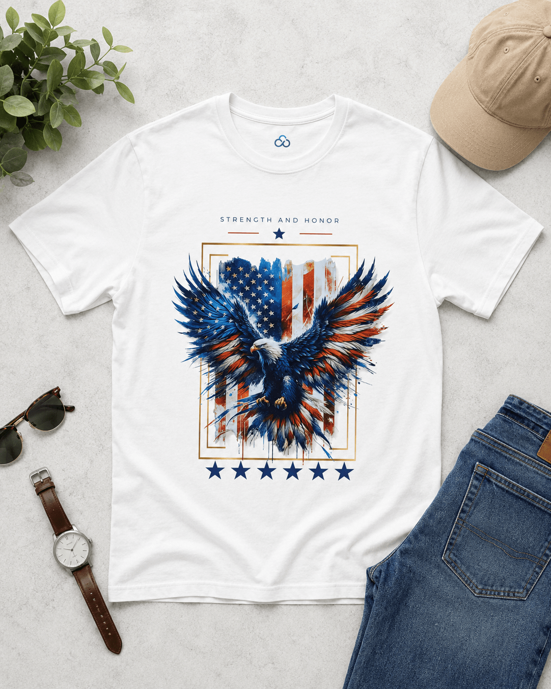 White T-shirt with bold blue-red eagle graphic and star emblem on the front.