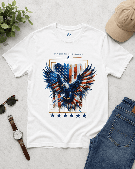 White T-shirt with bold blue-red eagle graphic and star emblem on the front.